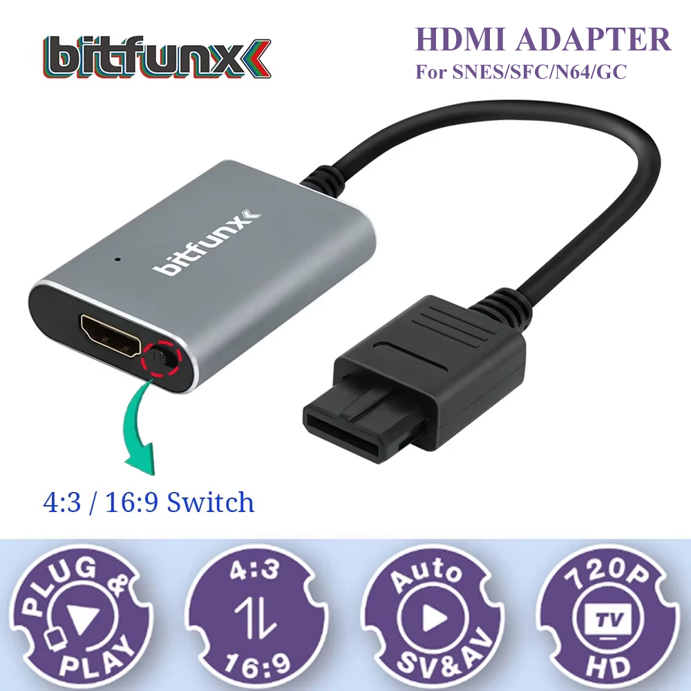 Retro Gaming Nintendo - Bitfunx 720P Svideo/AV-HDMI 어댑터 N64/SFC/SNES/GameCube 지원용